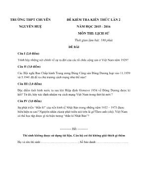 Đề kiểm tra kiến thức lần 2 môn thi: Lịch sử - Trường THPT chuyên Nguyễn Huệ