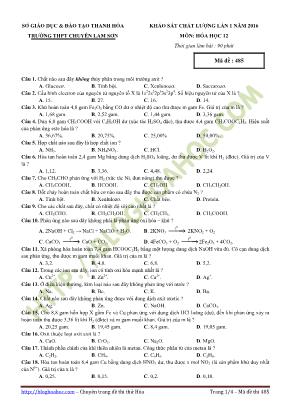 Khảo sát chất lượng lần 1 môn: Hóa học 12 - Mã đề 485