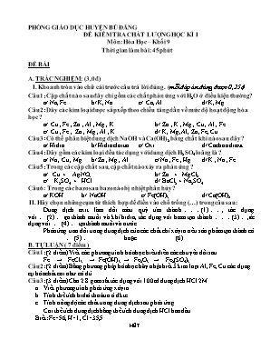 Đề kiểm tra chất lượng học kì I môn: Hóa học – khối 9