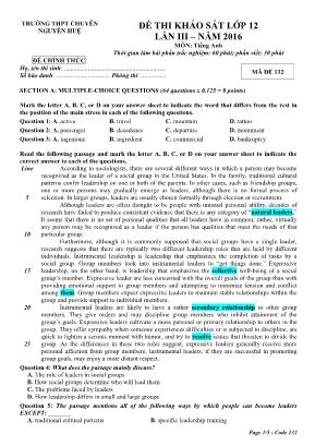 Đề thi khảo sát lớp 12 lần III năm 2016 môn: Tiếng Anh - Trường THPT chuyên Nguyễn Huệ (kèm các mã đề + đáp án)