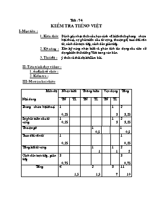 Giáo án lớp 9 môn Ngữ văn - Tiết 74: Kiểm tra tiếng Việt