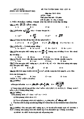 Đề 11 thi tuyển sinh vào lớp 10 năm học 2015 - 2016 môn : Toán thời gian làm bài: 120 phút