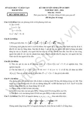 Đề 15 thi Kỳ thi tuyển sinh lớp 10 thpt năm học 2015 – 2016 môn thi : Toán thời gian làm bài: 120 phút, không kể thời gian giao đề