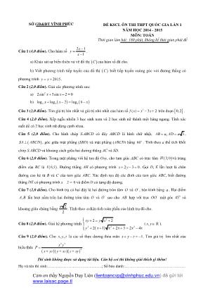 Đề khảo sát chất lượng ôn thi thpt quốc gia lần 1 năm học 2014 - 2015 môn: Toán thời gian làm bài: 180 phút, không kể thời gian phát đề