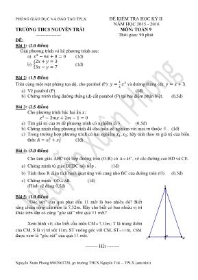 Đề kiểm tra học kỳ II năm học 2015 - 2016 môn: Toán lớp 9 thời gian: 90 phút