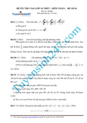 Đề ôn thi vào lớp 10 thpt - Môn toán - Đề số 01 môn thi: Toán thời gian làm bài: 120 phút