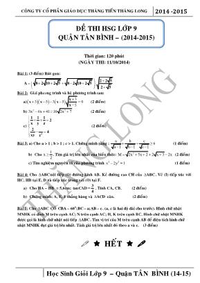 Đề thi học sinh giỏi lớp 9 môn Toán năm học 2014 - 2015 - Thời gian 120 phút