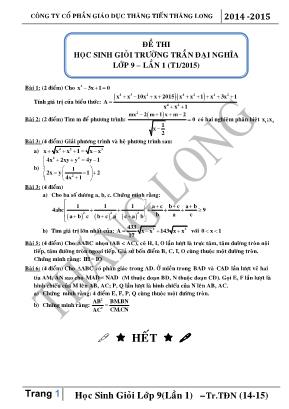 Đề thi học sinh giỏi trường Trần Đại Nghĩa lớp 9 - Lần 1 tháng 1 năm 2015