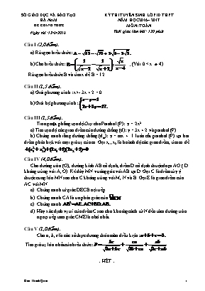 Đề thi Kỳ thi tuyển sinh lớp 10 năm học 2016 – 2017 môn: Toán học thời gian làm bài: 120 phút