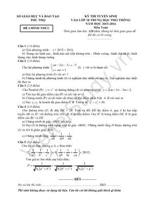 Đề thi Kỳ thi tuyển sinh vào lớp 10 trung học phổ thông năm học 2015 - 2016 môn toán thời gian làm bài: 120 phút, không kể thời gian giao đề