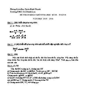 Đề thi tham khảo kiểm tra học kỳ II – Môn Toán 8 năm học 2015 – 2016
