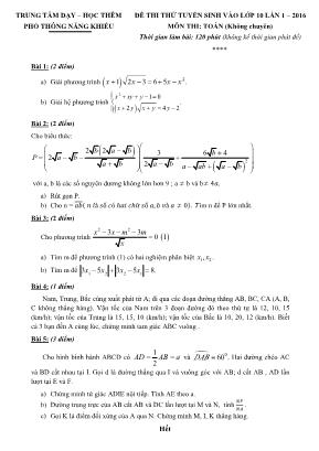 Đề thi thử tuyển sinh vào lớp 10 lần 1 – 2016 môn thi: Toán (không chuyên) thời gian làm bài: 120 phút (không kể thời gian phát đề)