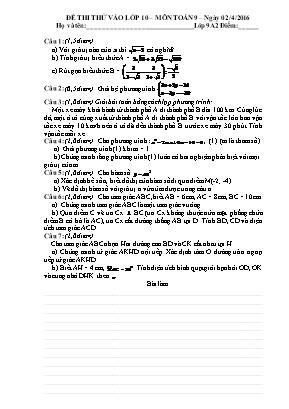 Đề thi thử vào lớp 10 – môn toán 9