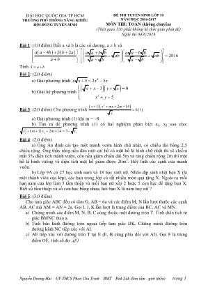 Đề thi tuyển sinh lớp 10 năm học 2016 - 2017 môn thi: Toán (không chuyên) (thời gian 120 phút không kể thời gian phát đề)