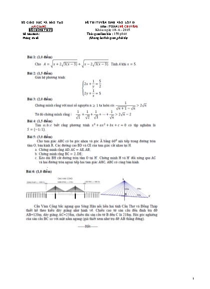 Đề thi tuyển sinh vào lớp 10 môn : Toán (đề chuyên) thời gian làm bài : 150 phút (không kể thời gian phát đề)
