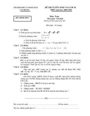 Đề thi tuyển sinh vào lớp 10 THPT năm học 2009 - 2010 - Môn Toán - Thời gian 120 phút