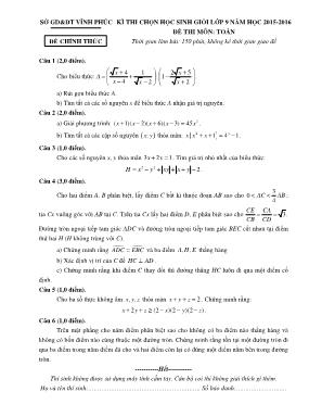 Kì thi chọn học sinh giỏi lớp 9 năm học 2015 - 2016 đề thi môn: Toán thời gian làm bài: 150 phút, không kể thời gian giao đề