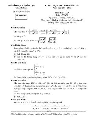 Kì thi chọn học sinh giỏi tỉnh năm học: 2011 - 2012 môn thi: Toán lớp 9 thời gian: 150 phút (không kể thời gian giao đề)