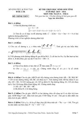 Kì thi chọn học sinh giỏi tỉnh năm học 2015 – 2016 môn thi: Toán 9 – thcs thời gian làm bài: 150 phút (không kể thời gian giao đề)