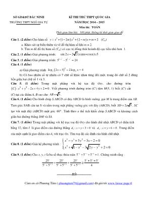 Kì thi thử thpt quốc gia năm học 2014 – 2015 môn thi: Toán thời gian làm bài: 180 phút, không kể thời gian giao đề