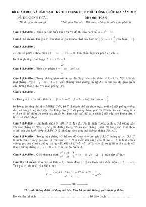 Kì thi trung học phổ thông quốc gia năm 2015 - Môn thi Toán - Thời gian 180 phút, không kể thời gian phát đề