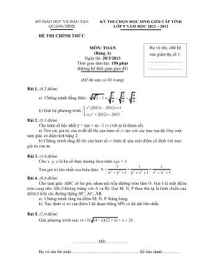 Kỳ thi chọn học sinh giỏi cấp tỉnh lớp 9 năm học 2012 – 2013 môn: Toán (bảng a) thời gian làm bài: 150 phút (không kể thời gian giao đề)