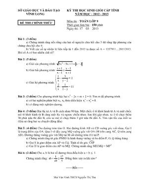 Kỳ thi học sinh giỏi cấp tỉnh năm học : 2012 - 2013 môn thi : Toán lớp 9 thời gian làm bài : 150 phút