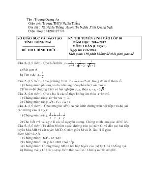 Kỳ thi tuyển sinh vào lớp 10 năm học 2016 - 2017 môn: Toán (chuyên) thời gian: 150 phút không kể thời gian giao đề