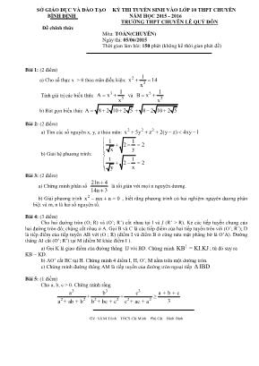 Kỳ thi tuyển sinh vào lớp 10 thpt chuyên Bình Định năm học 2015 - 2016 thời gian làm bài: 150 phút (không kể thời gian phát đề)