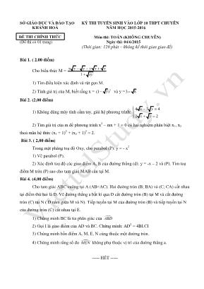 Kỳ thi tuyển sinh vào lớp 10 thpt  năm học 2015 - 2016 môn thi: Toán (không chuyên) (thời gian: 120 phút – không kể thời gian giao đề)
