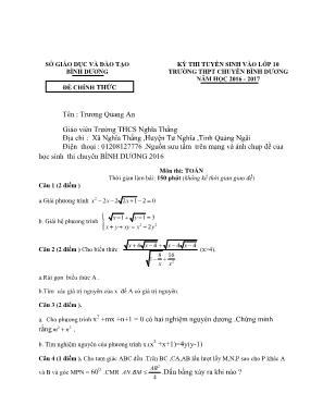 Kỳ thi tuyển sinh vào lớp 10 trường thpt chuyên Bình Dương năm học 2016 - 2017