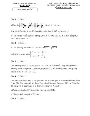 Kỳ thi tuyển sinh vào lớp 10 trường thpt chuyên Quảng Nam năm học 2016 - 2017 môn toán