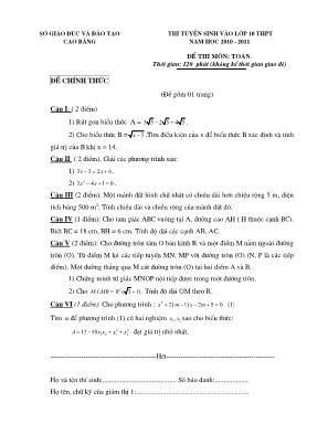 Thi tuyển sinh vào lớp 10 THPT năm học 2010 - 2011 - Môn Toán - Thời gian 120 phút (không kể thời gian phát đề)