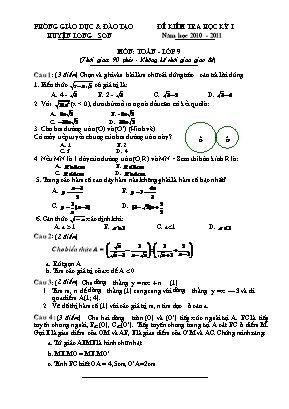 Đề kiểm tra học kỳ I năm học 2010 - 2011 môn: Toán - lớp 9 (thời gian: 90 phút - không kể thời gian giao đề)