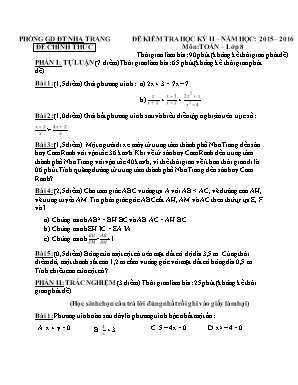 Đề kiểm tra học kỳ II – năm học: 2015 – 2016 môn: Toán – lớp 8 thời gian làm bài: 90 phút (không kể thời gian phát đề)