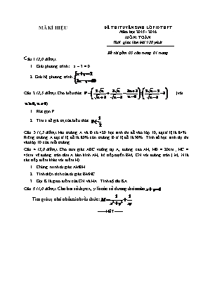 Đề thi tuyển sinh lớp 10 thpt năm học 2015 - 2016 môn: Toán thời gian làm bài:120 phút