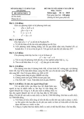 Đề thi tuyển sinh vào lớp 10 môn : Toán thời gian làm bài : 120 phút (không kể thời gian phát đề)