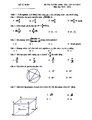Đề thi tuyển sinh vào lớp 10 thpt năm học 2015 - 2016 môn Toán học