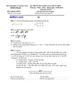 Kỳ thi tuyển sinh vào lớp 10 thpt năm học: 2015 – 2016 – môn thi: Toán thời gian làm bài: 120 phút (không kể thời gian phát đề)