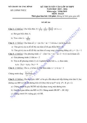 Kỳ thi tuyển vào lớp 10 thpt năm học 2015 - 2016 môn: Toán thời gian làm bài: 120 phút (không kể thời gian giao đề)