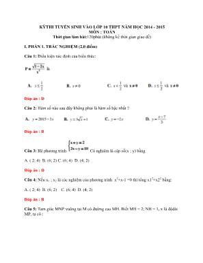 Kỳthi tuyển sinh vào lớp 10 thpt năm học 2014 - 2015 môn : Toán thời gian làm bài: 120 phút (không kể thời gian giao đề)