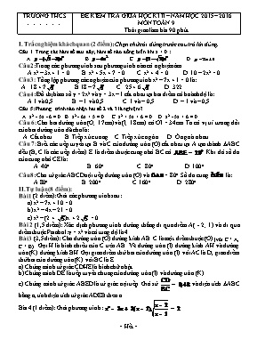Đề kiểm tra giữa học kì II – Năm học 2015 – 2016 môn toán 9 thời gian làm bài 90 phút