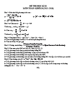 Đề thi học kì II môn toán - Khối 10 (2015 - 2