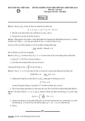 Đề thi olympic toán sinh viên học sinh năm 2016 môn thi: Giải tích thời gian làm bài: 180 phút