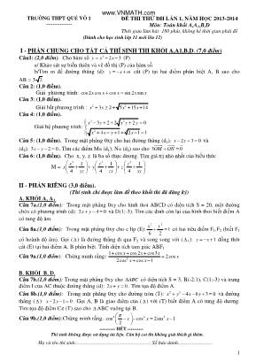 Đề thi thử đại học lần 1, năm học 2013 - 2014 môn thi: Toán khối A , A1, B, D thời gian làm bài: 180 phút, không kể thời gian phát đề