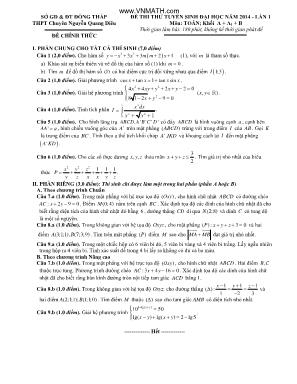 Đề thi thử tuyển sinh đại học năm 2014 ­ lần 1 môn: Toán; khối a - a1 - b thời gian làm bài: 180 phút, không kể thời gian phát đề