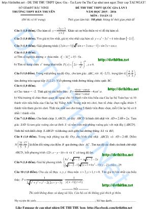 Đề 2 thi thử thpt quốc gia lần 1 năm học 2015 – 2016 môn : Toán 12 thời gian làm bài: 180 phút, không kể thời gian phát đề