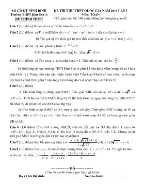 Đề thi thử thpt quốc gia năm 2016 lần I môn: Toán thời gian làm bài 180 phút, không kể thời gian giao đề