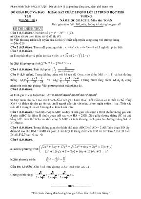 Khảo sát chất lượng lớp 12 trung học phổ thông năm học 2015 - 2016. Môn thi: Toán 12 thời gian làm bài: 180 phút, không kể thời gian giao đề