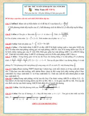 Kỳ thi thử tuyển sinh quốc gia năm 2016 môn: Toán (đề vip 5) thời gian làm bài: 180 phút (không kể thời gian giao đề)